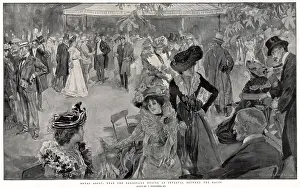 Fashionable society at the Ascot meetings : near the bandstand during an interval between the races Date: 1901