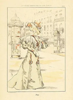 Drypoint Prints: Fashionable woman in front of advertising kiosk, Paris, 1892