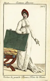 Philibert Louis Debucourt Prints: Fashionable woman with art portfolio and pen, Paris, 1803