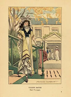 Images Dated 10th July 2019: Fashionable woman in front of the Bains Vigier, 1797