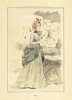 Drypoint Prints: Fashionable woman at a bouquiniste stall, Paris, 1879