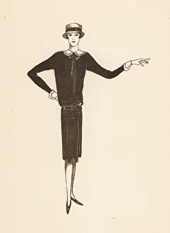 Fashionable woman in a boyish flapper outfit of hat and dress, 1