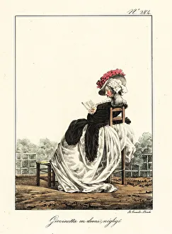 Almanack Prints: Fashionable woman in casual outfit reading an almanack, French R