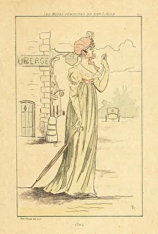 Drypoint Prints: Fashionable woman checking her pocket watch, 1812
