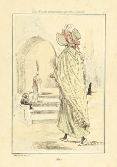 Drypoint Prints: Fashionable woman in front of a church, Paris, 1815