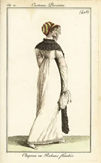 Ridicule Prints: Fashionable woman in colourful ribbon bonnet, Paris, 1803