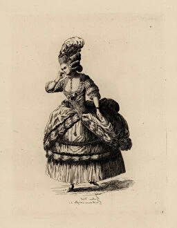 Etienne Gallery: Fashionable woman in drape skirt, era of Marie Antoinette