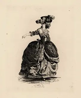 Fashionable woman in drape skirt, era of Marie Antoinette