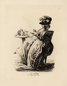 Fashionable woman drinking coffee, era of Marie Antoinette