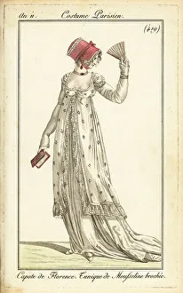 Philibert Louis Debucourt Prints: Fashionable woman with fan and almanac, Paris, 1802