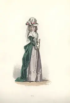 Directoire Prints: Fashionable woman in flowery bonnet, green
