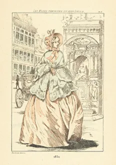 Drypoint Prints: Fashionable woman at the Fontaine Moliere, Paris, 1851