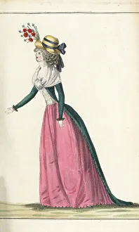 Curls Prints: Fashionable woman in green gown and pink petticoat, 1790