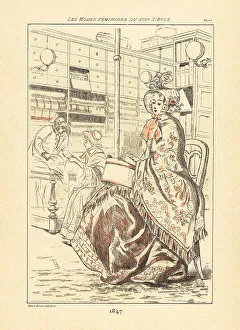 Drypoint Prints: Fashionable woman with hat box sitting in a milliners, Paris, 18