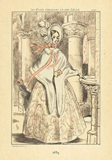 Drypoint Prints: Fashionable woman inside a church, Paris, 1839