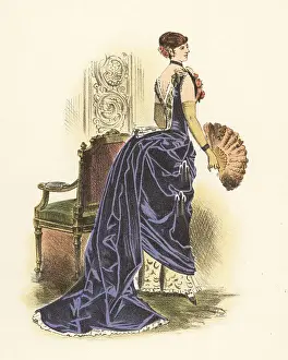 Bustle Prints: Fashionable woman in a lavish gown with huge bustle and train, 1