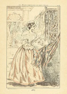 Drypoint Prints: Fashionable woman looking at fabric in a dress shop, Paris, 1837