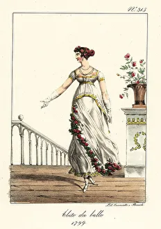 Directoire Prints: Fashionable woman or Merveilleuse in ball gown, Directoire era