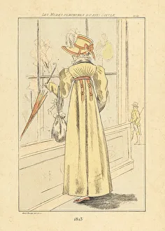 Drypoint Prints: Fashionable woman outside a hat shop, Paris, 1813