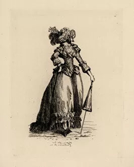 Etching Gallery: Fashionable woman with parasol, era of Marie Antoinette