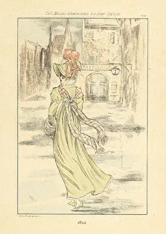 Drypoint Prints: Fashionable woman in front of a parfumerie, 1812