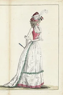 Lebrun Tossa Prints: Fashionable woman in pink and white outfit, 1790