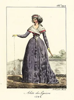 Bandana Prints: Fashionable woman playing with a yo-yo or bandalore, 1792