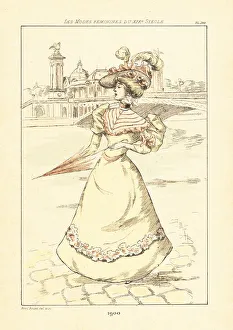 Drypoint Prints: Fashionable woman in front of the Pont Alexandre III, Paris, 190