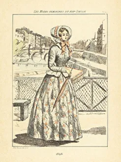 Drypoint Prints: Fashionable woman on the Pont des Arts, Paris, 1846