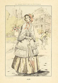 Drypoint Prints: Fashionable woman promenading in a park, Paris, 1848