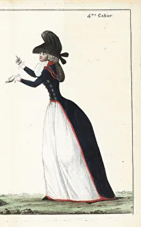 Redingote Prints: Fashionable woman in royal blue redingote, 1790