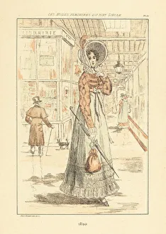 Drypoint Prints: Fashionable woman shopping at the Palais Royal, Paris, 1820