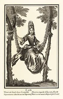 Garlands Prints: Fashionable woman sitting on a swing, 18th century