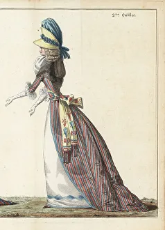 Curls Prints: Fashionable woman in striped satin robe, 1790