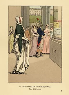 Images Dated 10th July 2019: Fashionable woman strolling through the Palais Royal, 1800