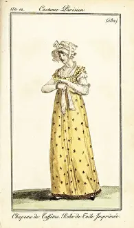 Carle Vernet Prints: Fashionable woman in taffeta bonnet and printed toile dress