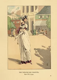 Jardins Collection: Fashionable woman in front of the Theatre des Varietes