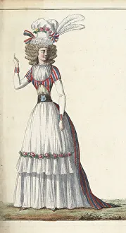 Fichu Prints: Fashionable woman in tricolor bonnet and bodice, 1790