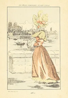 Drypoint Prints: Fashionable woman walking near the River Seine, Paris, 1830
