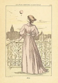 Drypoint Prints: Fashionable woman watching a balloonist over Paris, 1870