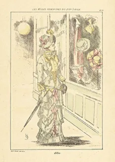 Fashionable woman window-shopping in Paris, 1880