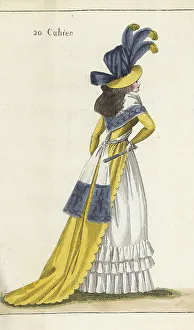 Fichu Prints: Fashionable woman in yellow and violet gown, 1790