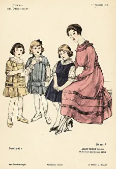Gaiters Prints: Fashionable woman with three young girls in smock dresses, WWI