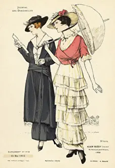 Frill Prints: Two fashionable women in ankle-length dresses adorned with frill