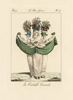 Three fashionable women in bonnets with tall floral displays