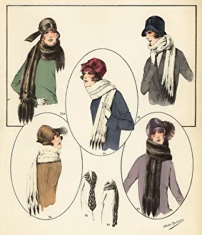 Necktie Prints: Fashionable women in cloche hats and fur scarves, 1926