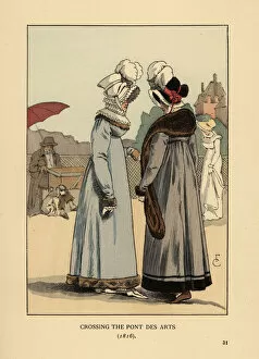 Fashionable women and organ grinder on the Pont