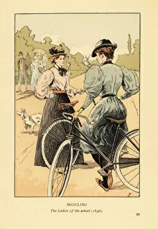 Images Dated 18th July 2019: Fashionable women riding bicycles in a park, 1896