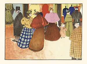 Fashionable women in short capes and full skirts, Paris, 1895