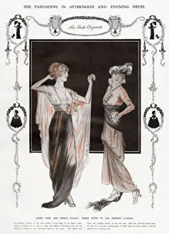 Sashes Prints: Two fashionable women wearing elegant afternoon and evening dresses with sashes